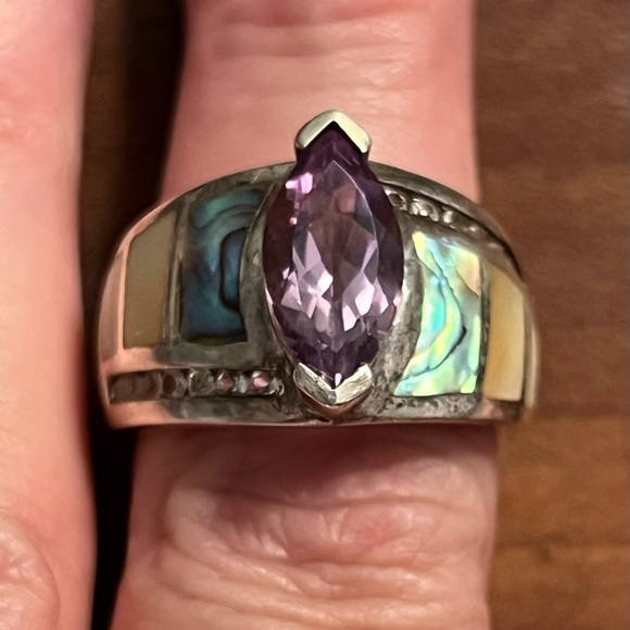 Sterling Silver 925 Marquis Amethyst Abalone Inlay Whitney Kelly Ring EC 9 #331 - Picture 11 of 12